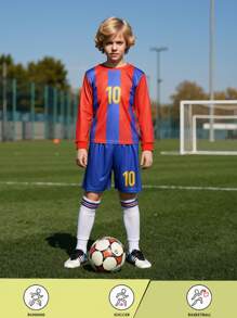 [Customized Item] Personalized Name 2pcs/Set Boys & Teens Casual Barcelona Football Jersey #10 Print - Round Neck Long Sleeve Shirt And Shorts Set - Polyester, Suitable For Sports, Training & Leisure Wear, Outdoor Perfect Choice - Red - View 3