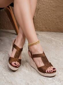 女士编织坡跟凉鞋，绳绣露跟露趾高跟鞋，时尚夏季派对和假日厚底凉鞋