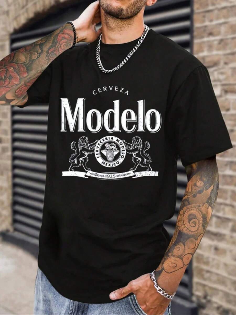 Camiseta De Algodón 220g Con Letras Y Sello De Marca De Cerveza - Negro - Ver 1