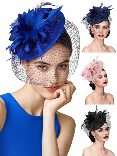 قبعة مصغرة والبصيرة 1 قطعة بريشة وبرقع للحفلات والحفلات الشاي وسباقات كنتاكي والعرس، قبعة صغيرة