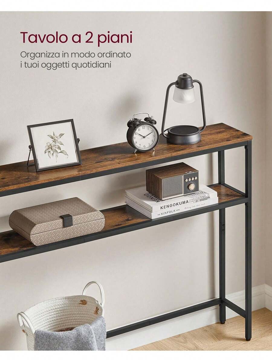 VASAGLE Tavolo Consolle, 20 x 120 x 80 cm, Tavolino Stretto, Tavolo da Ingresso Moderno con 2 Ripiani, Per Soggiorno, Camera da Letto, Marrone Vintage e Nero Inchiostro - Castano - Visualizzare 1