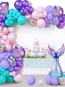 80pcs Purple Mermaid Balloon Garland Arch Kit&4pcs Aluminum Foil Purple Shell&1pc Aluminum Foil Purple Fishtail&2pcs Balloon Accessories, Pastel Pink Purple Teal Blue Clear Latex Balloon With Mermaid Tail Seashell Foil Balloon, For Mermaid Party Decorations Ocean Theme Birthday Party Supplies, Babe Shower Party Backdrop Decorations