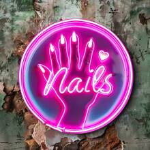 Vivid Neon "Nail" Sign - Circular Aluminum Wall Art With Pink And Purple Glow, Great For Home, Bar, Cafe Decor - Fashionable Tin Art, Perfect Gift For Friends, Family, DIY Lovers, Neon Sign For Wall Decoration, Random Hole Design Gifts Birthday Graduation