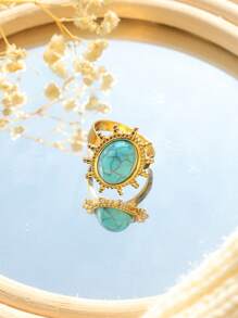 1pc Stainless Steel Ring With Unique Textured White, Black, Blue Natural Stone, Suitable For Women Everyday, Party, Halloween, Valentine's Day, Thanksgiving Gift