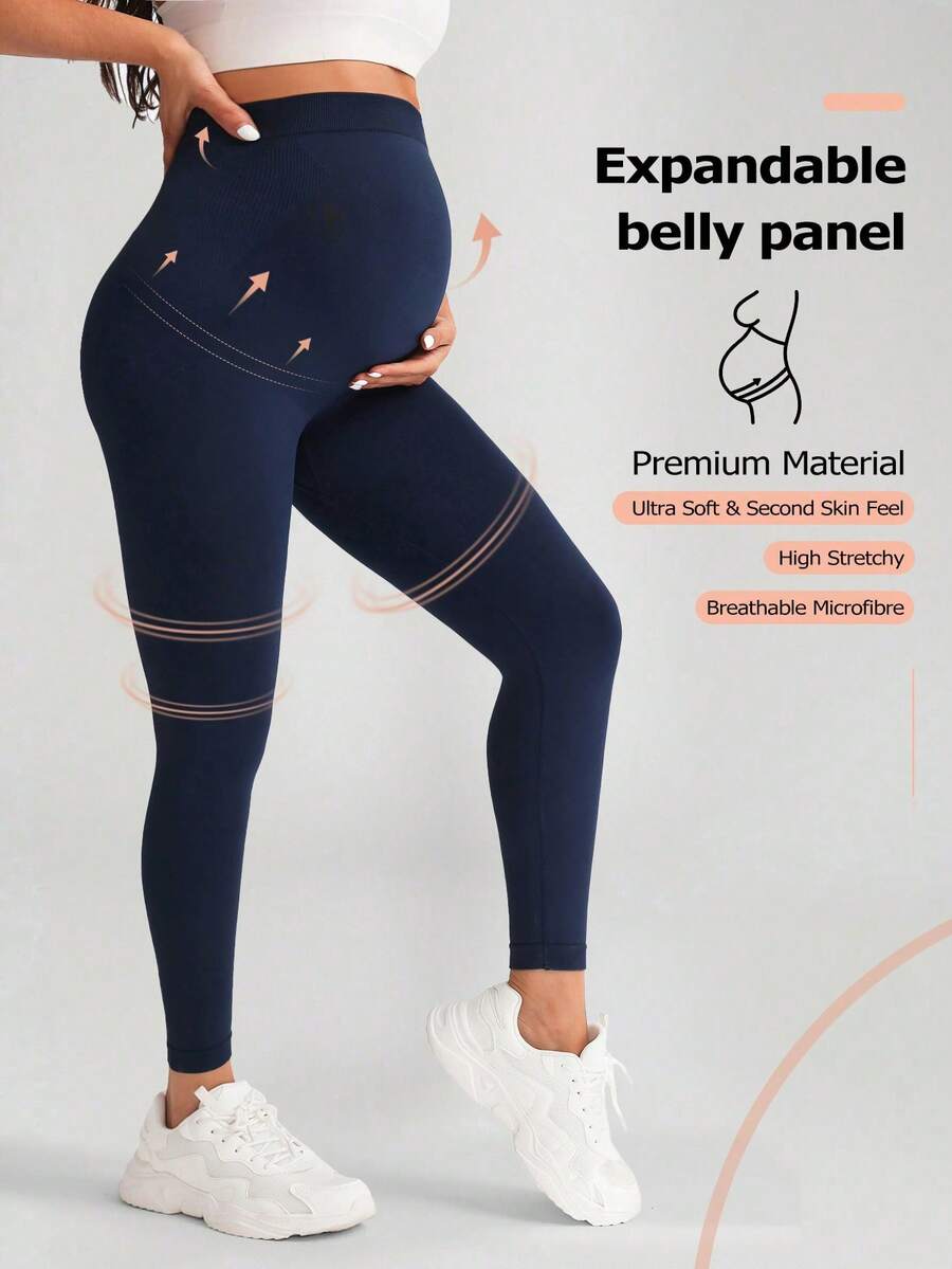 Ribbed Waist Seamless Solid Color Maternity Yoga Leggings - Navy Blue - View 1