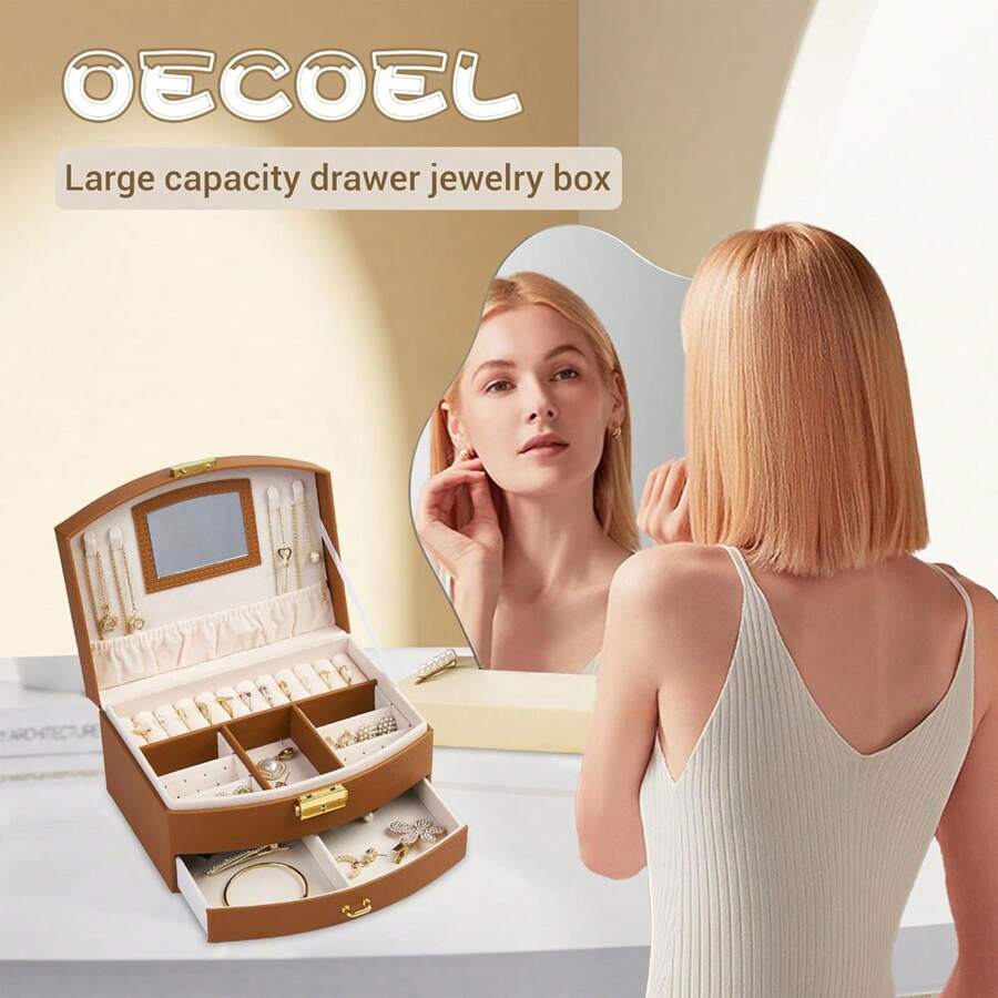 NetHong 2 Layers Of Leather Jewelry Organizers Travel Organizer Box W/Lockable & Mirror - Brown - View 1