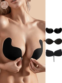 3 对聚拢粘性胸罩，可重复使用无肩带前扣隐形乳头贴，女士内衣和内衣配件 - 彩色 - 查看 3