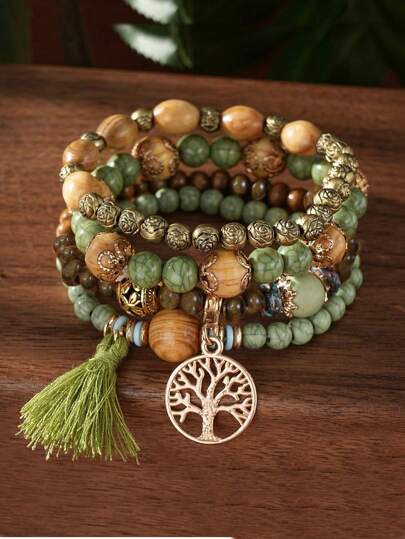 4pcs/Set Boho Multilayer Wooden & Glass Beaded Bracelets With Tassel, Life Tree & Butterfly Pendants, Suitable For Everyday Wear