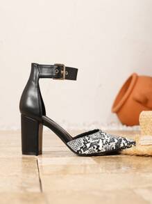 女士时尚蛇皮图案黑色高跟尖头穆勒鞋，粗跟，一脚蹬，春夏新款