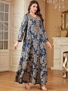 Arabic Jacquard Embroidery Beaded Elegant Fashionable Dress - Royal Blue - View 5