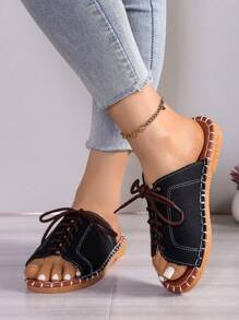 Summer Denim Black Plain Flat Lace-Up Open Toe Women Slippers, Sewing Non-Slip Casual Versatile Ladies Sandals