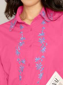 Camisa lisa con bordado floral casual para mujer de moda - Rosa - Ver 5