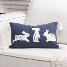 1pc Embroidered Running Rabbit Decorative Pillow Cover, Polyester, Without Filling, For Easter Home Decor, Living Room Sofa - Navy Blue - View 9