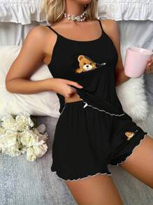Conjunto de 2 piezas con camisa de tirantes y manga corta con estampe de oso negro
