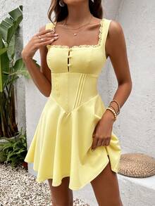 Backless Smocking Lace Spliced Button Placket Bodycon Pleated Dress Summer Elegant - Yellow - View 7