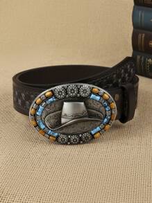 1pc Women Geometric Embossed Cowboy Hat & Bead Decor Oval Buckle Vintage Western Belt For Daily Life Boho Fall, Autumn, Halloween - Bronze - View 7