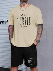 Conjunto de camiseta con estampado de letra y pantalones cortos con cordón para hombre - Caqui - Ver 1