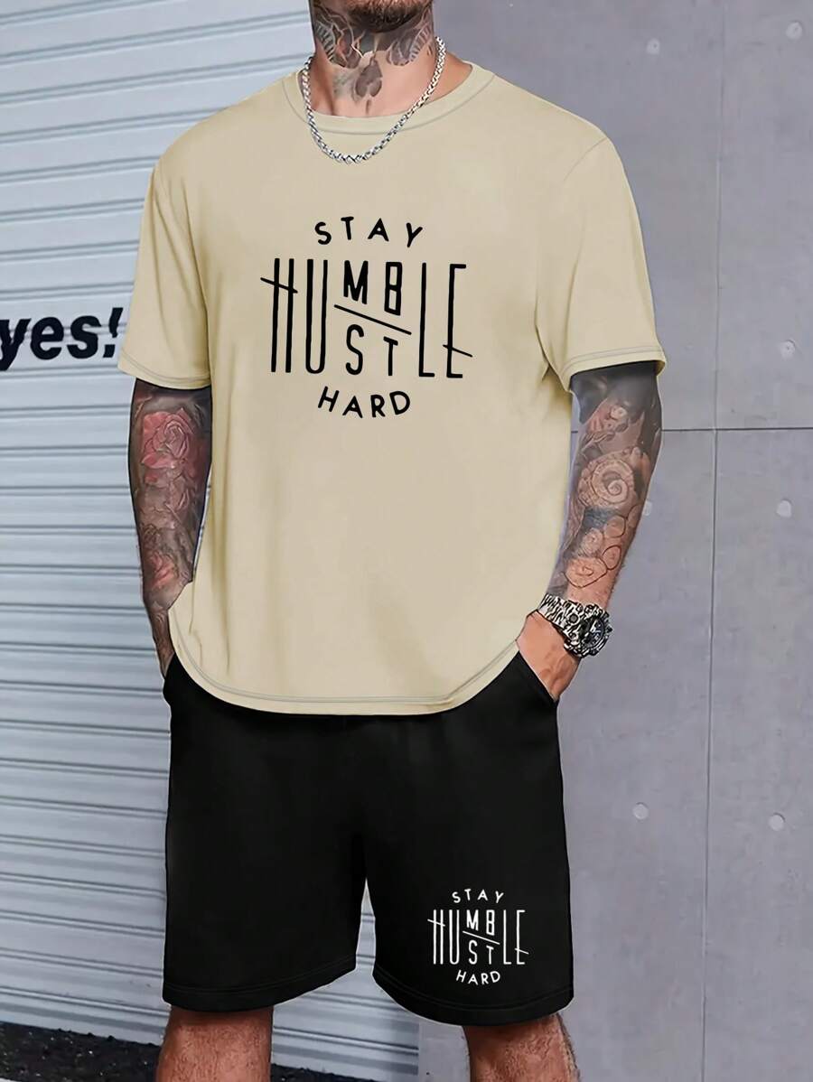 Conjunto de camiseta con estampado de letra y pantalones cortos con cordón para hombre - Caqui - Ver 1