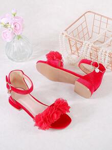 1 Pair Girls' Fashionable And Cute Red Flower High Heel Sandals, Suitable For Summer