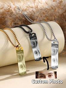 Customized Stainless Steel Laser Engraved Eye Photo Necklace, 60cm Faux Pearl Chain Personalized Rectangle Pendant Necklace, Gift For Boyfriend Couples Eye-To-Eye Couple Necklace,Jewelry & Watches,Season Picks,Custom Name Stainless Steel Necklace, Personalized Nameplate - Silver - View 3