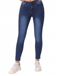 DUKEZA Jeans talla grande  con diseño deslavado de cintura media casual y ajustado para mujer - Azul - Ver 5