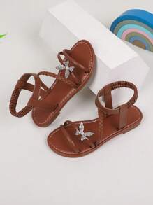 1 Pair Girls' Black Flat Sandals, Bow Decor Elastic Band Open Toe Sandals, Children Non-Slip Soft Sole Breathable Sandals, Comfortable Versatile Casual Sweet Princess Shoes For Summer - Brown - View 1