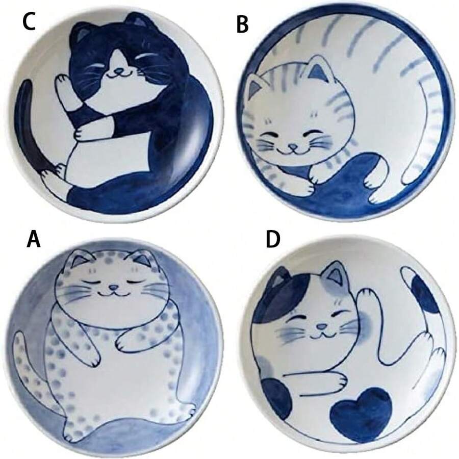 1/4pcs Small Plate Set Ceramic Cute Cats Design Appetizer Dessert Sushi Sauce Dishes For Restaurant
