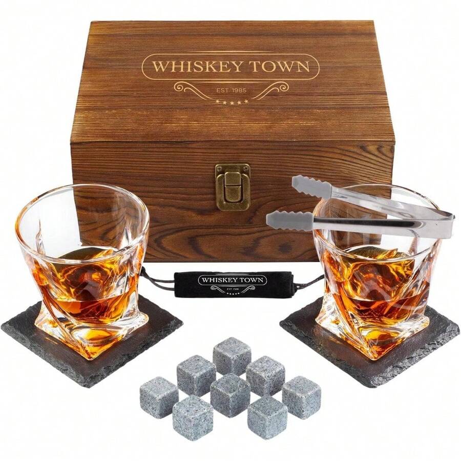 8 Hielos de Piedra Saponita y Bolsa Transportadora, Pinzas de Acero, 2 Posavasos de Piedra y Caja de Madera de Pino, Gift Set - Color caoba - Ver 1