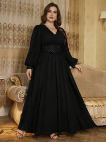 SUPGIR Plus V-Neck Ruched Sequin Waist Long Lantern Sleeve Long Chiffon Dress, Party Dress, Wedding Guest Dress, Formal Dress, Evening Dress,Gown - Black - View 4