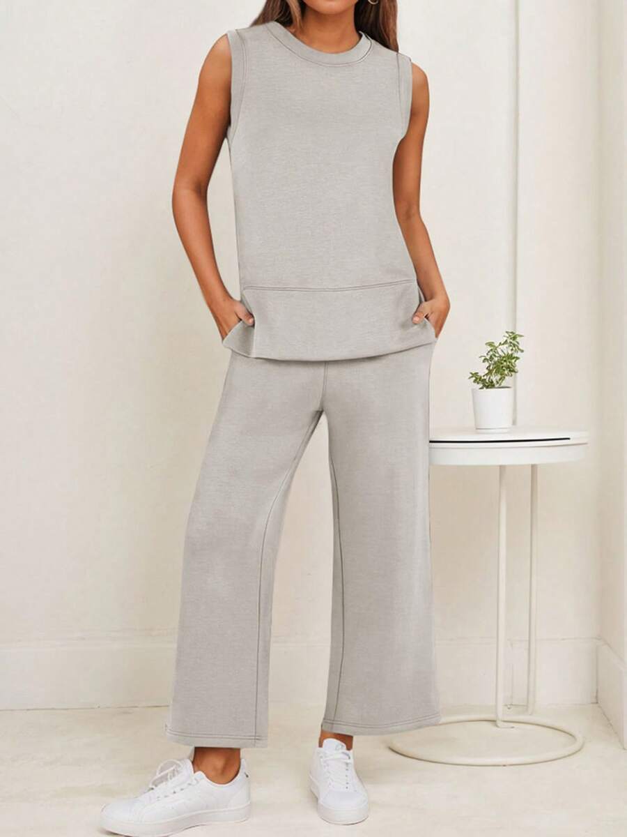 SANOPY Women's 2 Piece Sets Sleeveless Wide Leg Tracksuits Casual Sweatsuits Lounge Sets - 卡其色 - 查看 1