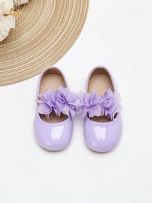 1双女童手工花朵绑带PU皮防滑圆头平底甜美柔软可爱新款韩版多巴胺小皮鞋芭蕾平底鞋 - 紫色 - 查看 2