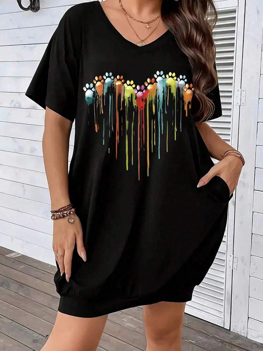 Vestido camiseta informal de talla grande para mujer de unicolor con cuello en V y manga corta