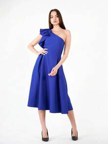 CEYLEN Elegantes asymmetrisches Kragen Einfarbiges Kleid, Partytragen - Blau - Übersicht 2