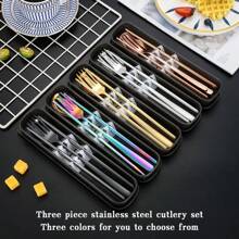 Set de 3 piezas personalizado de cuchara, tenedor y palillos reutilizables de acero inoxidable, juego de cubiertos europeos de plata para comedor, cocina, regalo de Navidad. Set de tres piezas de cubiertos de acero inoxidable, palillos, cuchara y tenedor para estudiantes y viajes.