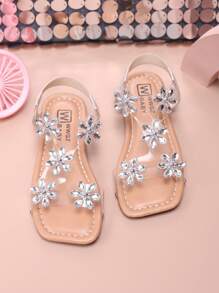 Girls' Fashionable Cute Shiny Sequin Snowflake Slip-On Flat Sandals, Open Toe Summer Flat Party Shoes, Suitable For Little Girls Beach, Party, Outdoor Camping, Flower Center Replaced By Round Rhinestone