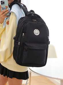 1pc Women's Backpack Solid Color Black Clean Color Zipper Smiling Face Pattern Canvas Durable Casual Fashion Simple Large Capacity Suitable For Student Travel Campus Portable Women's Backpack