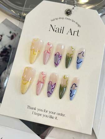 10 st/påse stiletto handgjorda press-on naglar, fransk målning blomma handgjorda bärbara fingernaglar, återanvändbara konstgjorda lösnaglar kvinnor och flickor