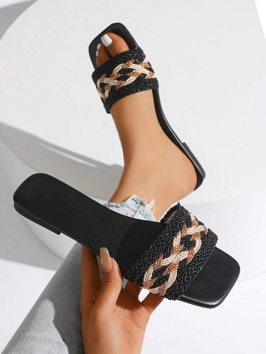 女士新款方头休闲平底凉鞋，时尚百搭 - 黑色 - 查看 1