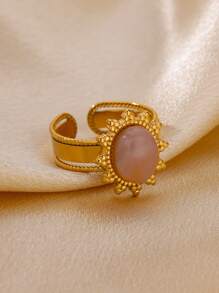 1PC Vintage Green Oval Opal Rings For Women Stainless Steel Gold Color Open Adjustable Wedding Ring Aesthetic Waterproof Jewelry BFF