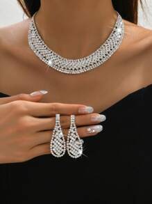 1 Set Including 1 Fully Rhinestone Necklace, 1 Pair Of Fully Rhinestone Tassel Earrings, 1 Hollow Fully Rhinestone Bracelet, Suitable For Evening Dresses And Versatile Accessories - Silver - View 3