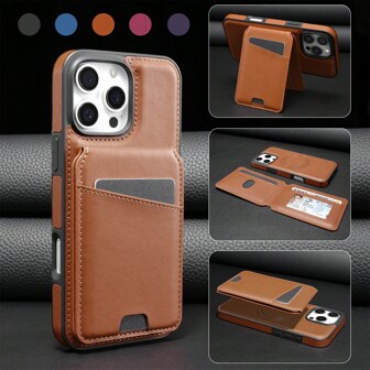 1 pieza Funda de cartera de lujo de piel sintética magnética 2 en 1 de color marrón compatible con iPhone 16 15 14 13 Pro Max, compatible con Samsung Galaxy S25 S24 S23 S22 S21 Ultra Plus