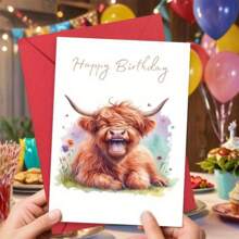 1pc Funny Highland Cow Birthday Greeting Card With Envelope - Whimsical Watercolor Design, Perfect For Family & Friends, Unique Party Decoration, Creative Bday Gift For All Ages - Multicolor - View 6
