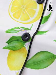 2 件大码女式柠檬印花短袖翻领纽扣睡衣套装，宽松松紧腰短裤，睡衣和家居服，适合丰满女士，适合派对、户外和居家穿着