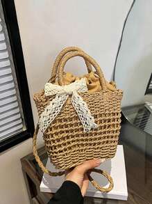 Yogodlns Luxury Designer Lace Bow Straw Weave Women's Handbag Crossbody Bag Small Bucket Tote Summer Beach Bag Casual Hollow Out Weaving Shoulder Bags For Women Small Square Crossbody Bag Purse Female Fashion Handbag Clutch