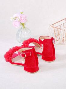1 Pair Girls' Fashionable And Cute Red Flower High Heel Sandals, Suitable For Summer
