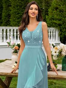 MIUSOL Deep V-Neck Contrast Lace Sequin Insert Ruffle High Low Hem Chiffon Formal Party Long Dress,For Wedding Guest,Graduation,Dinner - Mint Blue - View 10