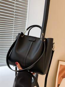 Women's Fashionable Versatile Solid Color Tote Shoulder Bag - Black - View 1