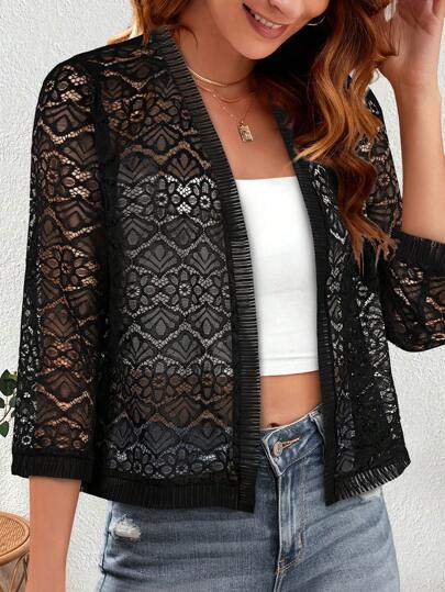 Yukiwi Women's Lace Patchwork 3/4 Sleeve Open Front Jacket,Daily Wear