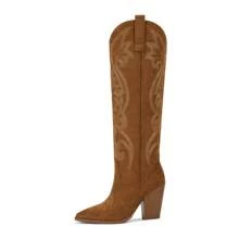 Womens Cowboy Knee High Boots Cowgirl Boots Western Boots With Embroidered Pointed Toe Chunky Heel Slip On Retro Tall Boots