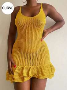 Plus Size Butter Yellow Ladies' Multi-Layer Ruffle Hem Sleeveless Sweater Dress With Straps,USA 4th Of July, Graduation Dress Simple Stylish,Graduation Outfit,Simple Stylish,Summer Women Dress - Yellow - View 2